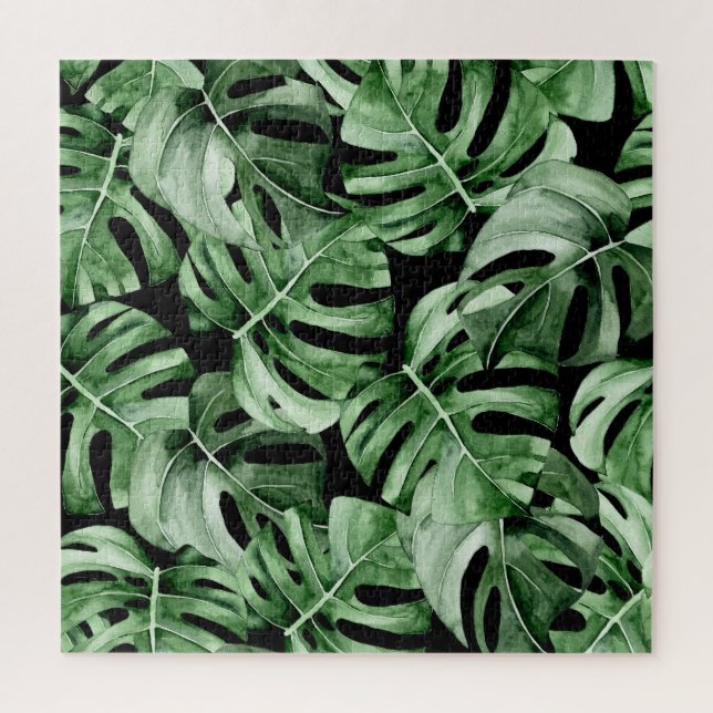 Dark Monstera: Tropical Watercolor Print. Jigsaw Puzzle (Vertical)