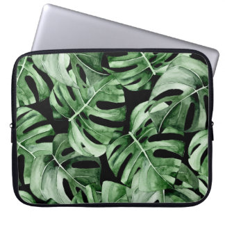 Dark Monstera: Tropical Watercolor Print. Laptop Sleeve