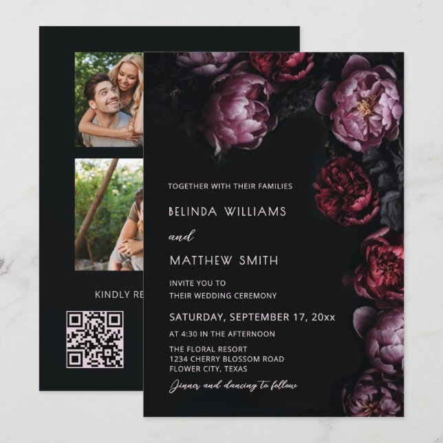 Dark Moody 3D Flowers Wedding Invitation (Front/Back)