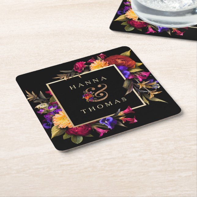 Dark Moody Autumn Floral Wedding  Square Paper Coaster (Angled)