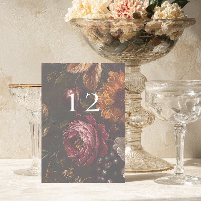 Dark Moody Baroque Florals Flowers Fall Wedding Table Number (Creator Uploaded)