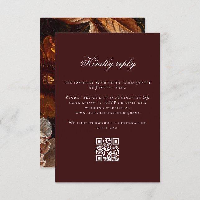 Dark Moody Baroque Flowers Fall Wedding Online QR RSVP Card (Front/Back)