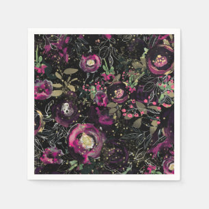 Dark Moody Berry Plum Sparkle Floral Modern Napkin