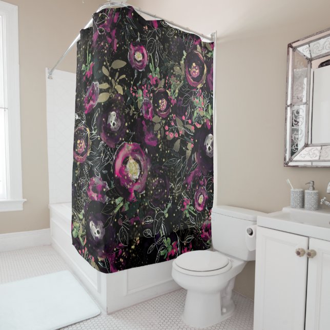 Dark Moody Berry Plum Sparkle Floral Modern Shower Curtain (In Situ)