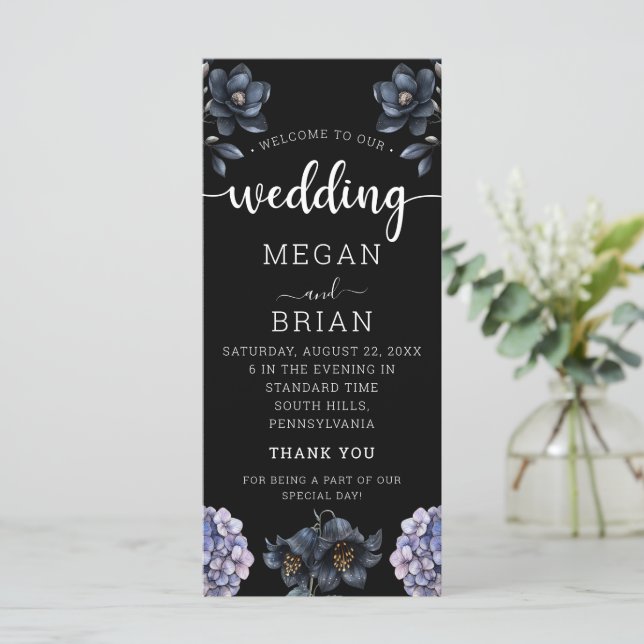 Dark Moody Black Floral Classic Typography Wedding Programme (Standing Front)