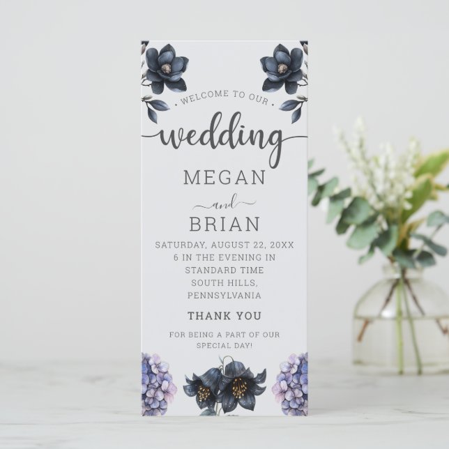 Dark Moody Black Floral Classic Typography Wedding Programme (Standing Front)