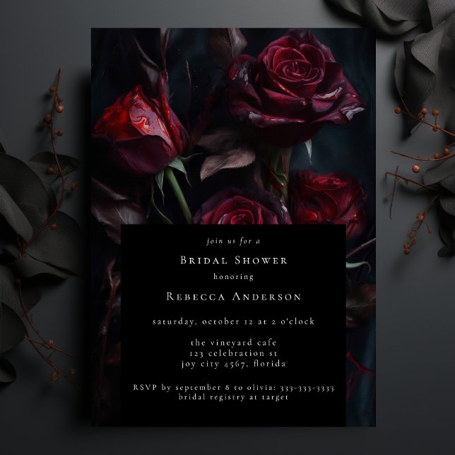 Dark Moody Black Gothic Red Roses Bridal Shower Invitation (Creator Uploaded)