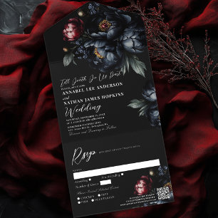 Dark Moody Black Peony Gothic Wedding QR Code All In One Invitation