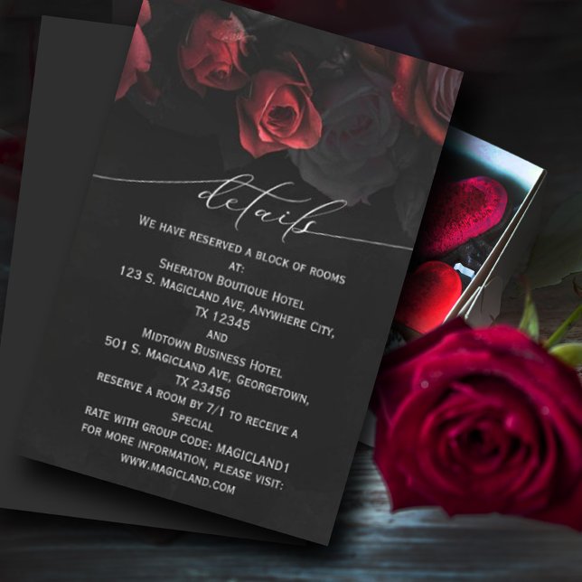 Dark Moody Black Red Florals Enclosure Card (Dark red roses #darkstyle #roses #weddings #handlettered #modernscript #unique)