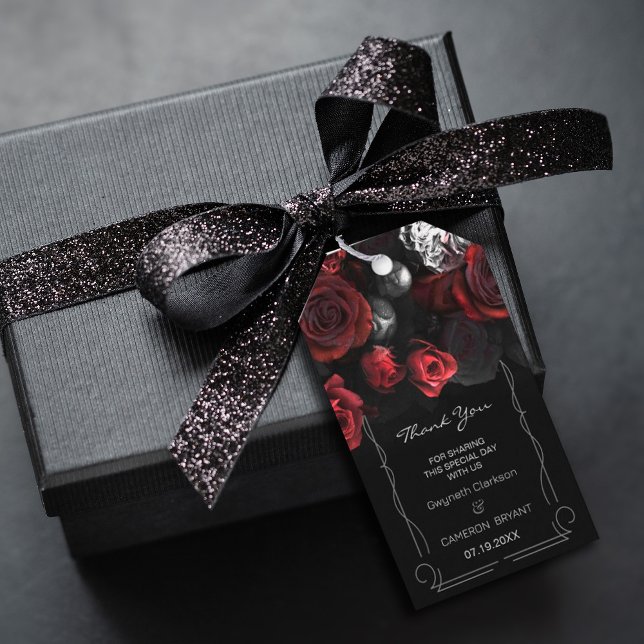 Dark Moody Black Red Florals Gift Tag (Dark Moody Black Red Florals Gift Tag, A wildflower and roses wedding favor tag design #dark)