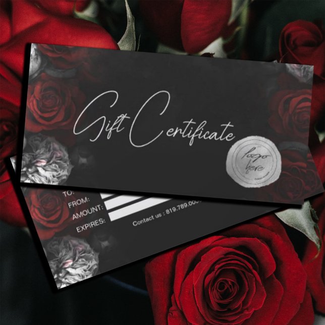 Dark Moody Black Red Florals Logo Gift Certificate (#zazzlemade #darkmoody #redflowers #redandblack #giftcard #promotionalcard #addlogo #profissionallog)