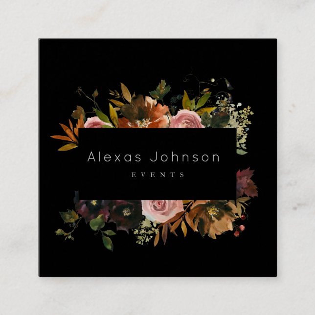 Dark Moody Black Rustic Autumn Floral Square Busin Square Business Card (Front)
