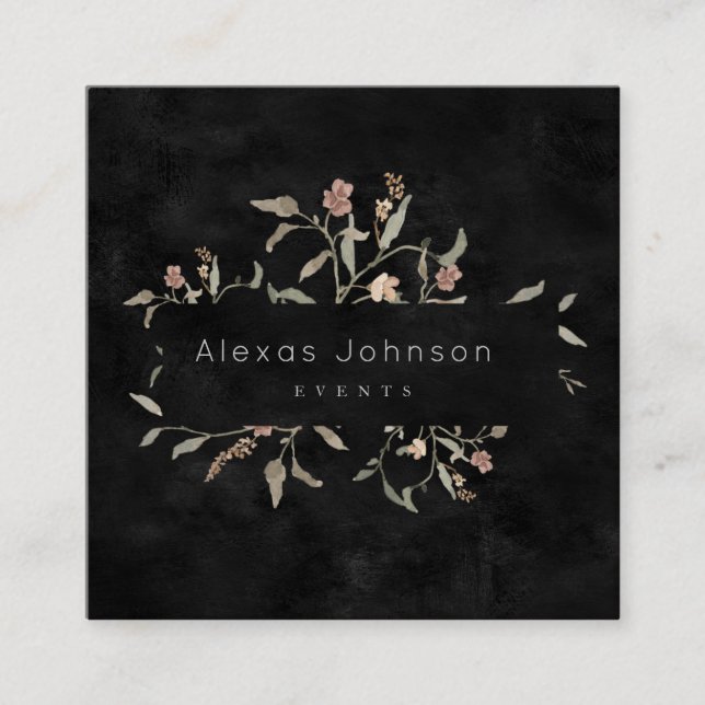 Dark Moody Black Rustic Autumn Floral Square Business Card (Front)