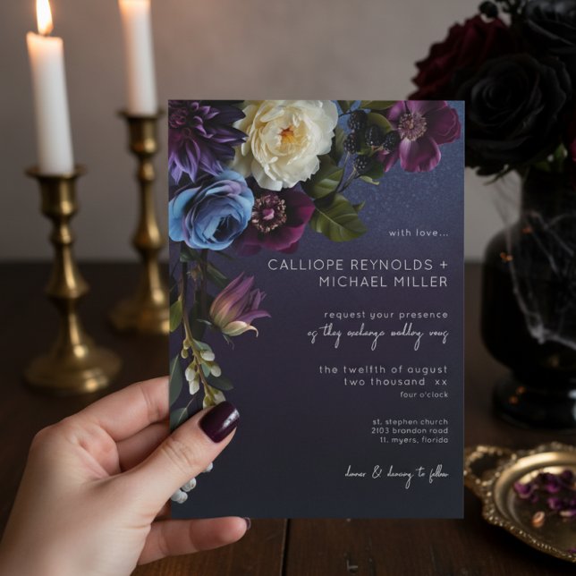 Dark Moody Blue Lavender Floral Modern Wedding Invitation (Creator Uploaded)