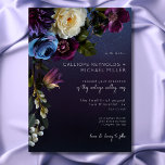 Dark Moody Blue Lavender Floral Modern Wedding Invitation<br><div class="desc">Introducing our exquisite wedding invitation that effortlessly marries modern elegance with vintage allure. Set against a moody navy blue background, a soft side loose bouquet comes to life, featuring dark purple, lavender, periwinkle blue, and cream white flowers alongside dark purple berries and delicate botanical greenery. The blend of colours symbolises...</div>