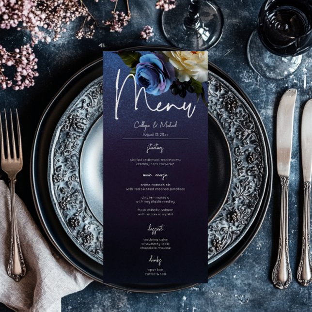 Dark Moody Blue Lavender Floral Modern Wedding Menu (Dark Moody Blue Lavender Floral Modern Wedding Menu)