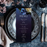 Dark Moody Blue Lavender Floral Modern Wedding Menu<br><div class="desc">Introducing our exquisite wedding menu that effortlessly marries modern elegance with vintage allure. Set against a moody navy blue background, a soft side loose bouquet comes to life, featuring dark purple, lavender, periwinkle blue, and cream white flowers alongside dark purple berries and delicate botanical greenery. The blend of colours symbolises...</div>