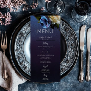 Dark Moody Blue Lavender Floral Modern Wedding Menu