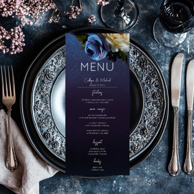 Dark Moody Blue Lavender Floral Modern Wedding Menu (Dark Moody Blue Lavender Floral Modern Wedding Menu)