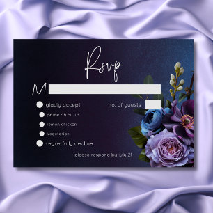 Dark Moody Blue Lavender Floral Modern Wedding RSVP Card