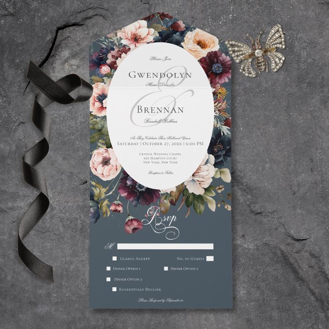 Dark Moody Blue Oval Floral Frame Dinner All In One Invitation (Dark Moody Blue Oval Floral Frame Dinner All In One Invitation)