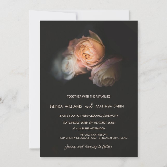Dark Moody Blush Apricot Roses Wedding Invitation (Front)
