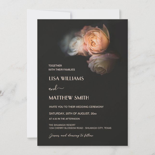 Dark Moody Blush Apricot Roses Wedding Invitation (Front)