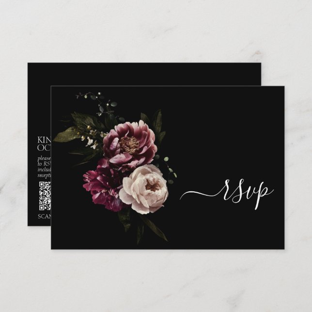 Dark Moody Blush Burgundy Floral QR Code RSVP Card (Front/Back)