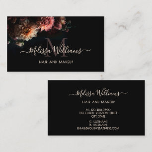 Dark Moody Blush Flowers Monogram Black Business Card