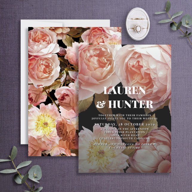 Dark Moody Blush Pink Floral Botanical Wedding Inv Invitation (Creator Uploaded)