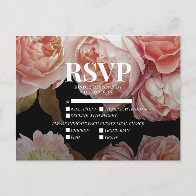 Dark Moody Blush Pink Meal Choices Wedding RSVP Invitation Postcard (Front)