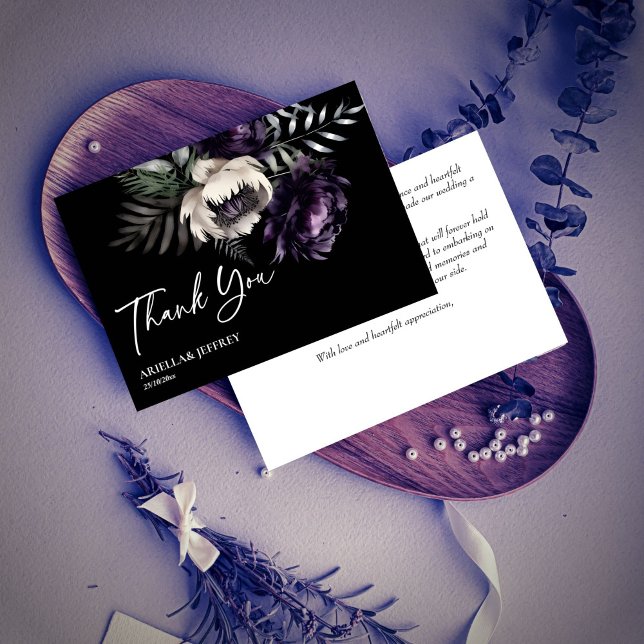Dark moody boho elegant wedding thank you card (Dark moody boho elegant wedding thank you card purple white peonies black thank you card)