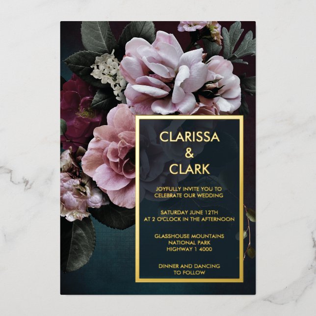 Dark Moody Bold Floral Gold Wedding  (Front)