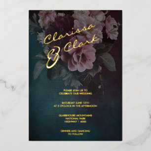 Dark Moody Bold Floral Gold Wedding Foil Invitatio
