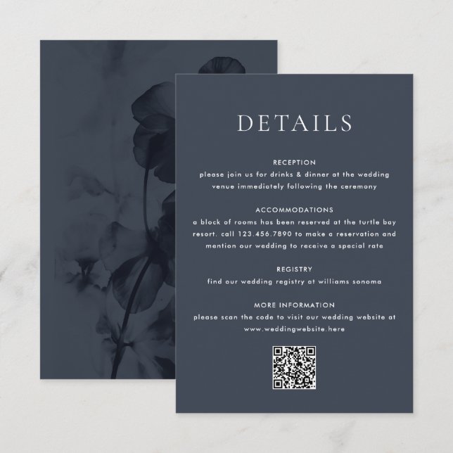 Dark Moody Botanical Overlay Blue Wedding Enclosure Card (Front/Back)