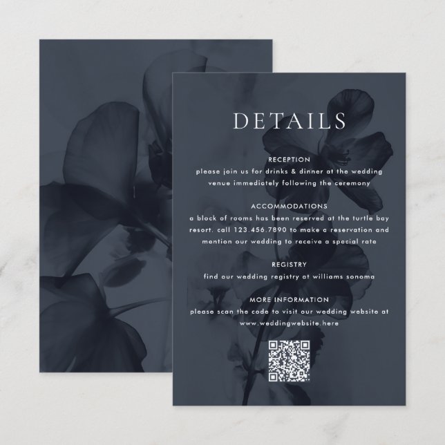 Dark Moody Botanical Overlay Blue Wedding Enclosure Card (Front/Back)