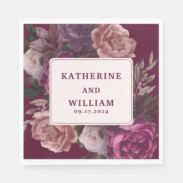 Dark moody burgundy and purple floral Wedding Napkin (Front)