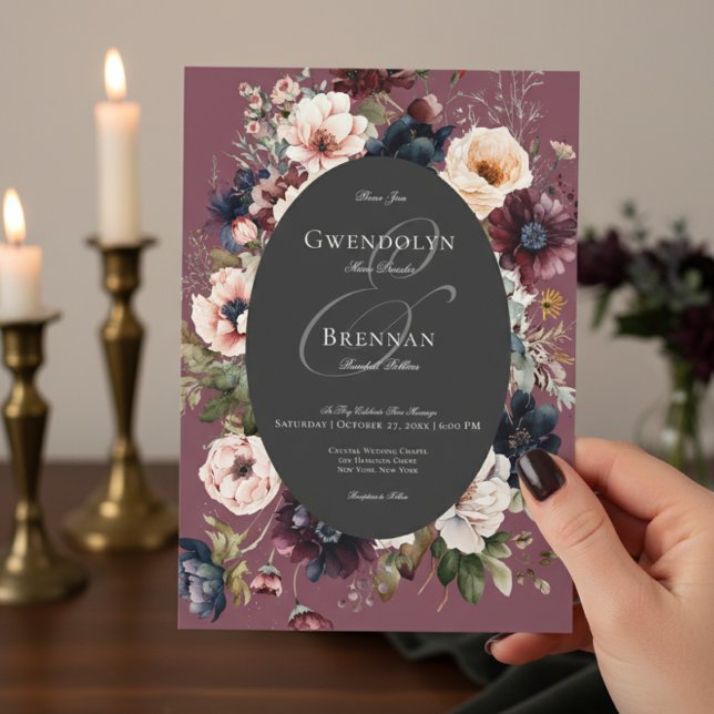 Dark Moody Burgundy Black Oval Floral Frame Invitation (Creator Uploaded)