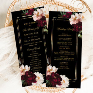 Dark Moody Burgundy Blush Black Floral Wedding Programme