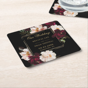 Dark Moody Burgundy Blush Black Floral Wedding Square Paper Coaster
