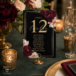 Dark Moody Burgundy Blush Black Floral Wedding Table Number