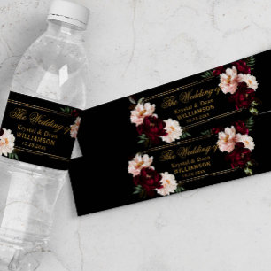 Dark Moody Burgundy Blush Black Floral Wedding Water Bottle Label
