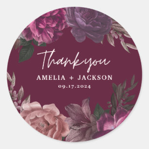Dark moody burgundy & blush floral Wedding  Classic Round Sticker