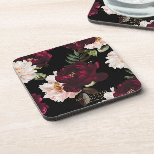 Dark Moody Burgundy Blush Floral Wedding Favour Coaster