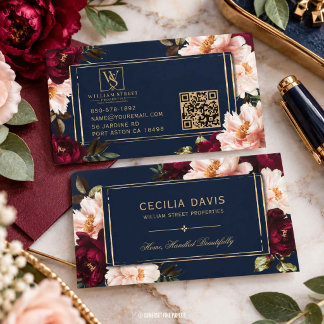 Dark Moody Burgundy Blush Navy Blue Floral QR Business Card