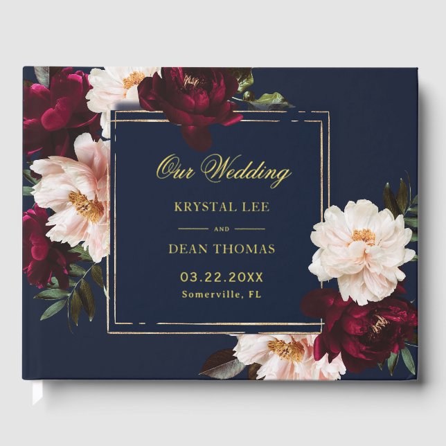Dark Moody Burgundy Blush Navy Blue Floral Wedding Guest Book (Front)