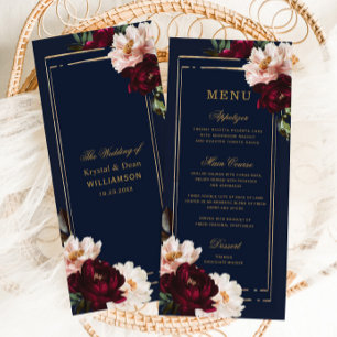 Dark Moody Burgundy Blush Navy Blue Floral Wedding Menu