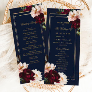 Dark Moody Burgundy Blush Navy Blue Floral Wedding Programme