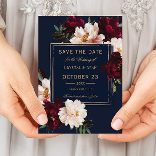 Dark Moody Burgundy Blush Navy Blue Floral Wedding Save The Date