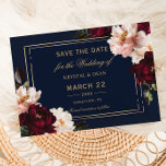 Dark Moody Burgundy Blush Navy Blue Floral Wedding Save The Date<br><div class="desc">Personalise this elegant wedding save the date easily and quickly. Simply click the Edit Using Design Tools button to edit the text, change font styles and font colours. Featuring beautiful realistic burgundy, blush peonies and navy blue anemone flowers against a dark moody navy blue background. Matching items available in store....</div>